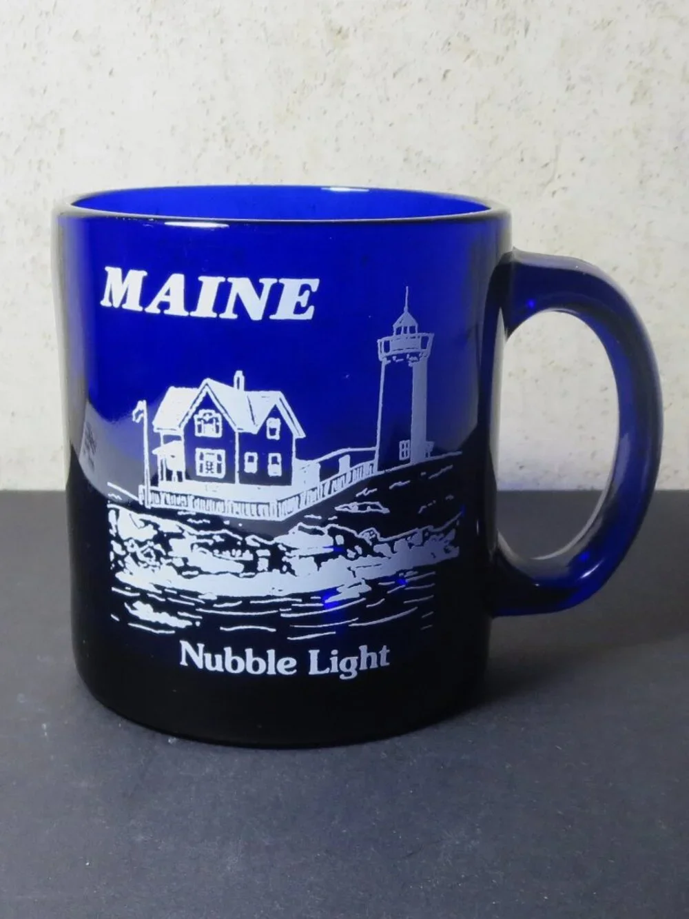 Blue Cobalt Glass Mug Nubble Light Cape Nedick Maine Souvenir Made USA